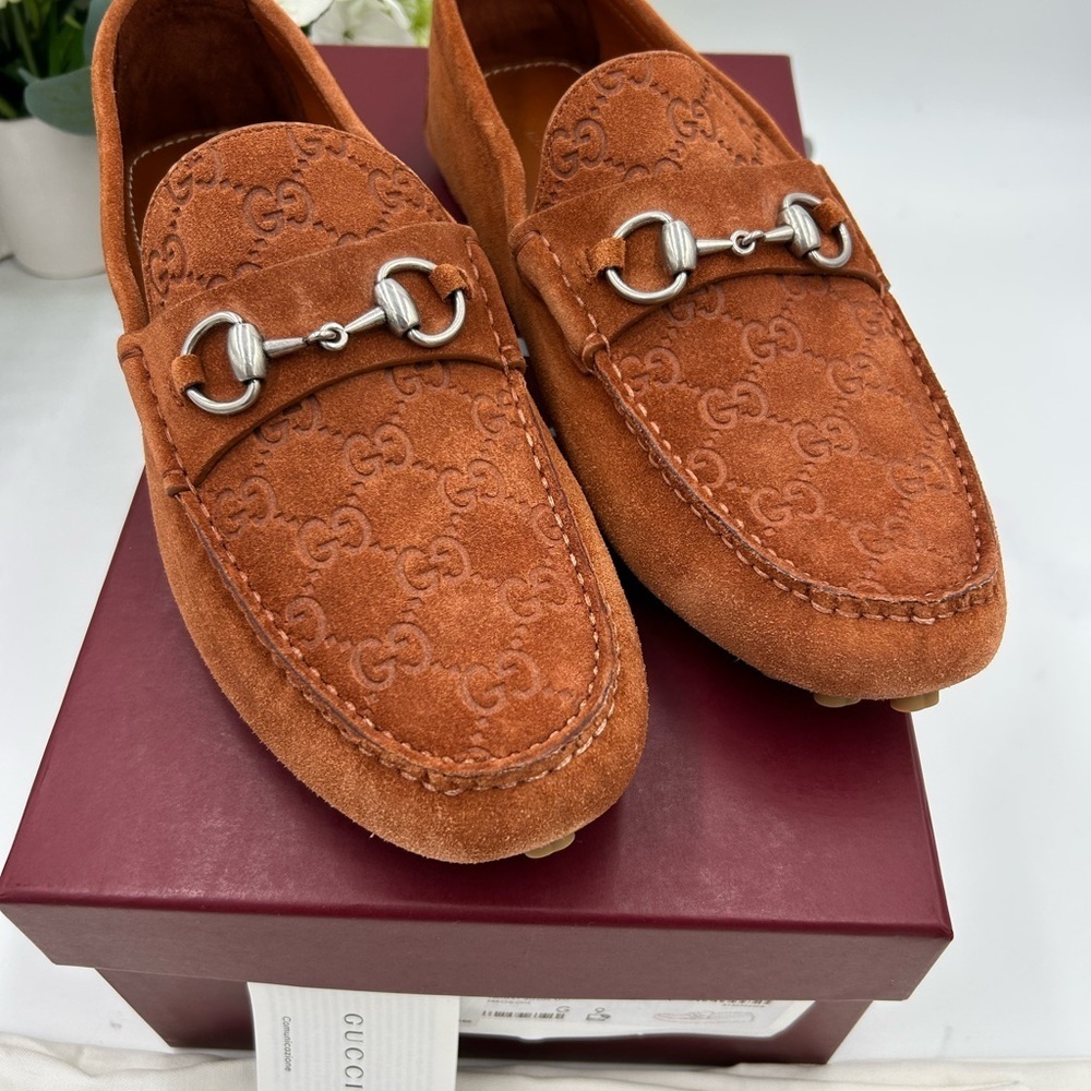 Men's Gucci horse bit suede GG loafers size 9 fits 10 US made in Italy